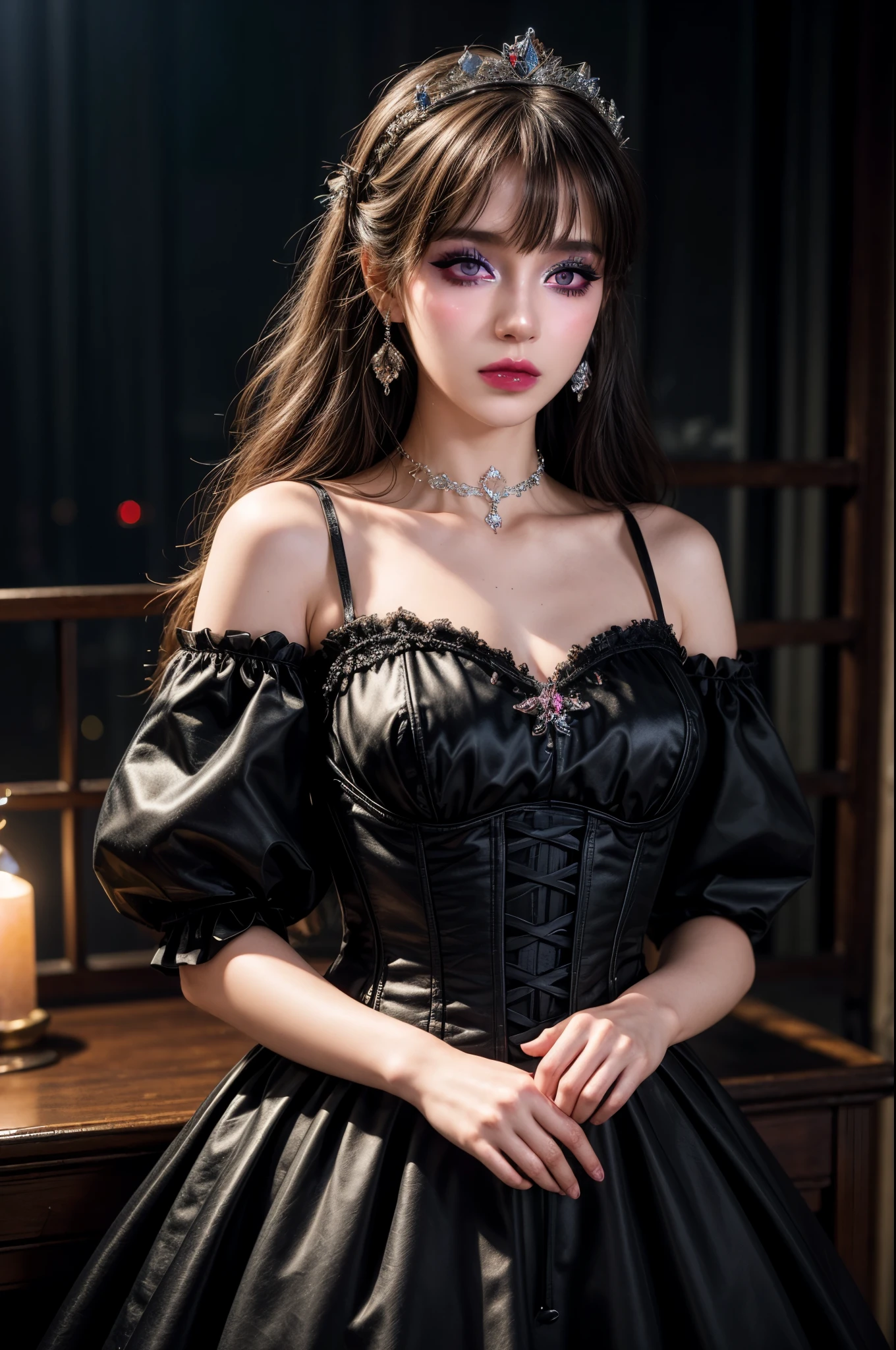 masterpiece,Highest quality,Realistic,High resolution,Very detailed,Blurred Background,One person,((Portraiture)),close,bangs,Fairy,Fairy ear,Crystal Earrings,((Crown)),crystal Crown,(Black Dress),(Juliet Sleeve),corset,red_bow,collar,((night)),fluorescent plant,Neon Light,