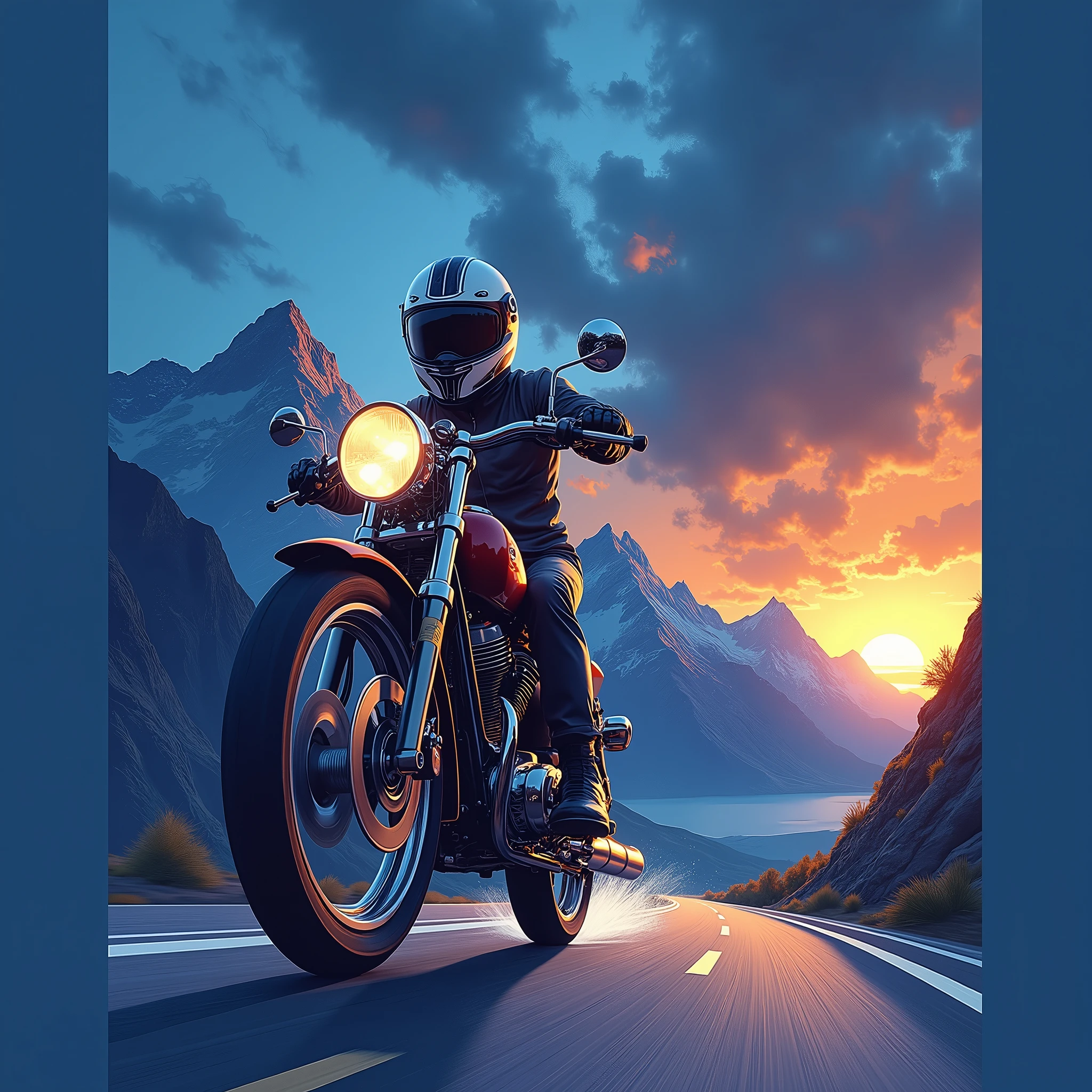 A speeding motorcyclist in motion, suit-clad and helmeted, leans into the turn on their chrome-accented motorcycle with headlight glowing, set against a painted backdrop of a breathtaking dawn/dusk sky transitioning from deep blues to warm oranges. The cyclist's pose captures the thrill of the ride as mountains fade into the distance, their varying shades of blue and white textures evoking a sense of depth and adventure.