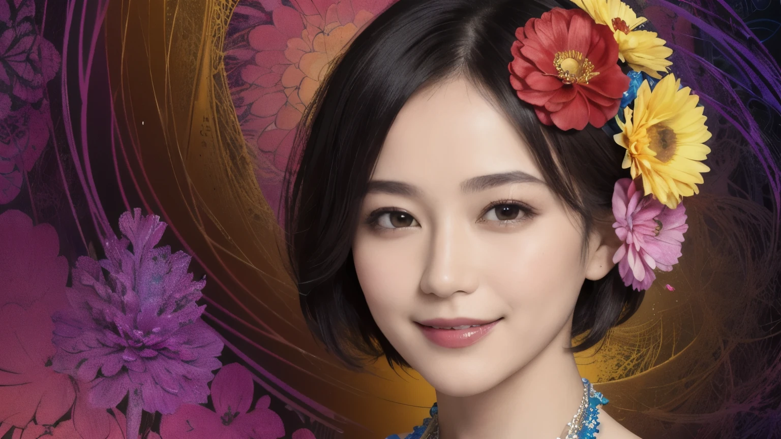 272 (20-year-old woman,short hair), (masterpiece, Highest quality, beautiful:1.2), Very detailed, (Fractal Art:1.1), (colorful:1.1), (flower:1.3), whole body, (Abstract background:1.3), (Many colors:1.4), (Old-fashioned smile), (Hawaii)
