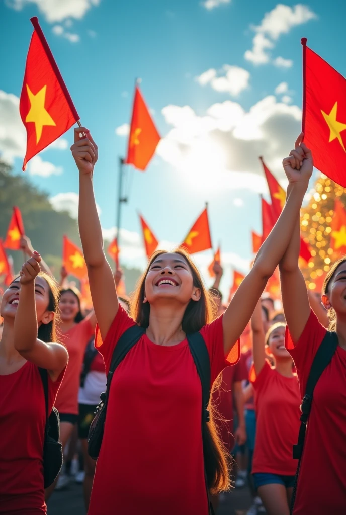 Vietnamese people on liberation day raised their hands and waved flags, smiling happily