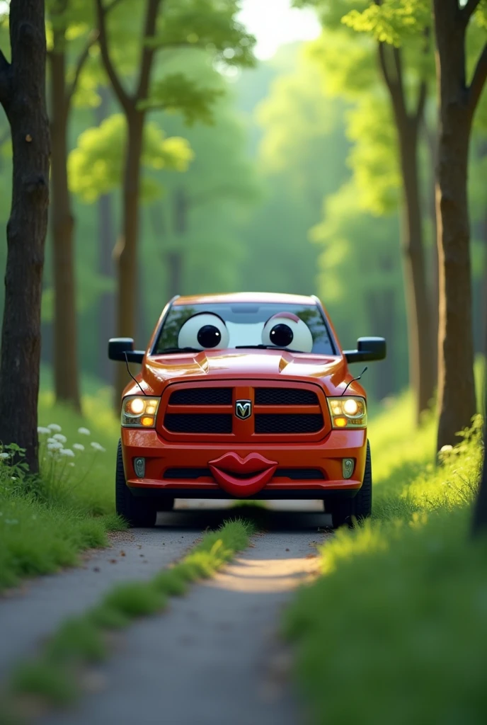 Dodge Ram car with Eyes And Lips WITH ROAD IN MIDDLE OF FOREST BLUR BACKGROUND low poly Style 