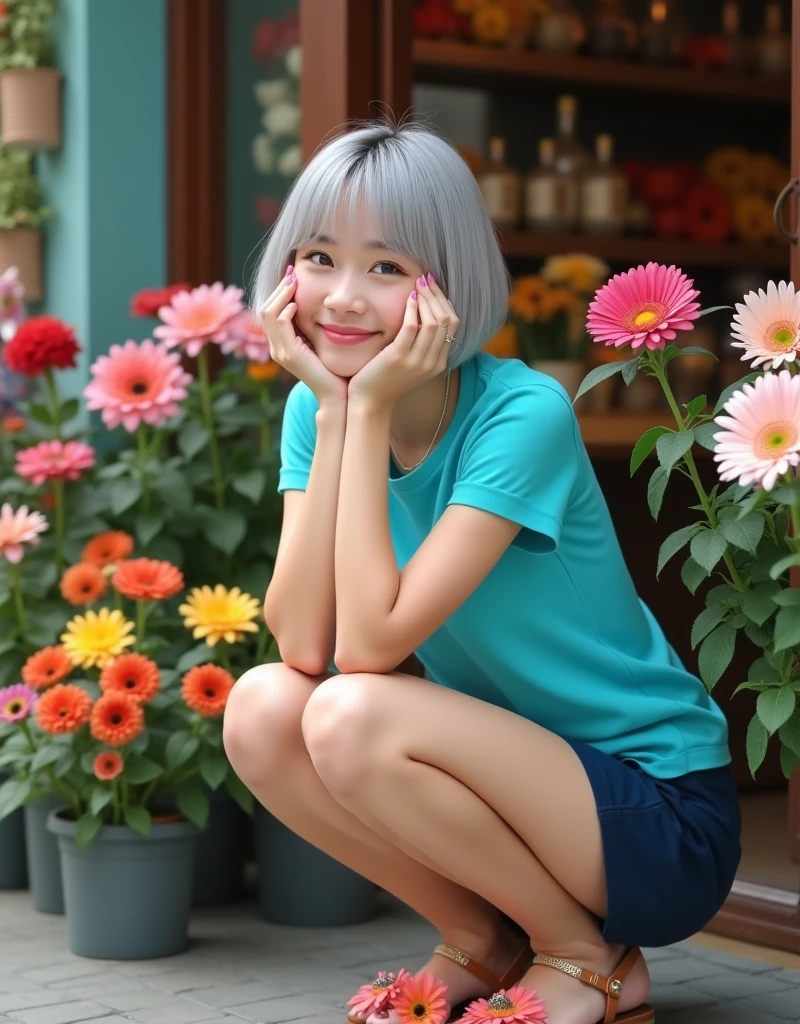 (RAW photo, best quality, masterpiece: 1.2), (photorealistic: 1.4), best lighting, 20 years old, (light gray hair, short bob cut, hair in 7 thirds, hair over one ear, Symmetrical eyes, fair skin, solo, Detailed Skin, Detailed Background:1.2), Smiling, squatting in front of a flower shop filled with flowers, outdoors, hands on chin, turquoise blue tight shirt, navy blue shorts, sandals with large gerbera flowers, gel nails, jewelry