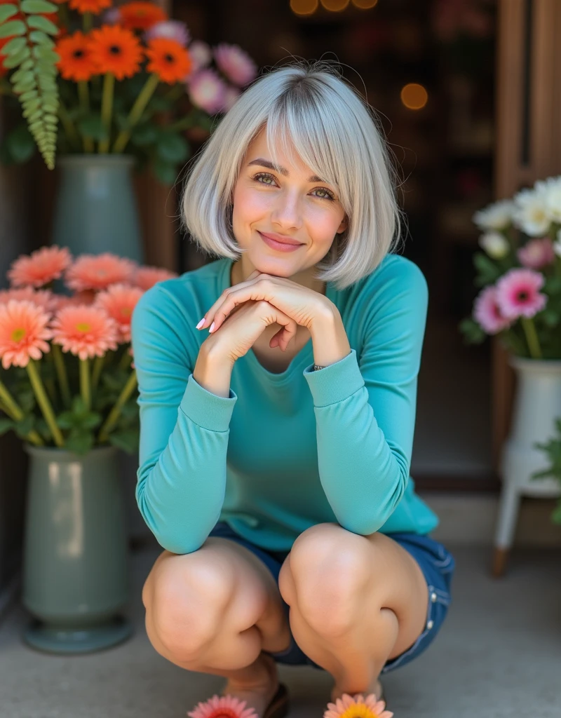 (RAW photo, best quality, masterpiece: 1.2), (photorealistic: 1.4), best lighting, 20 years old, (light gray hair, short bob cut, hair in 7 thirds, hair over one ear, Symmetrical eyes, fair skin, solo, Detailed Skin, Detailed Background:1.2),　Smiling, squatting in front of a flower shop filled with flowers, outdoors, hands on chin, turquoise blue tight shirt, navy blue shorts, sandals with large gerbera flowers, gel nails, jewelry