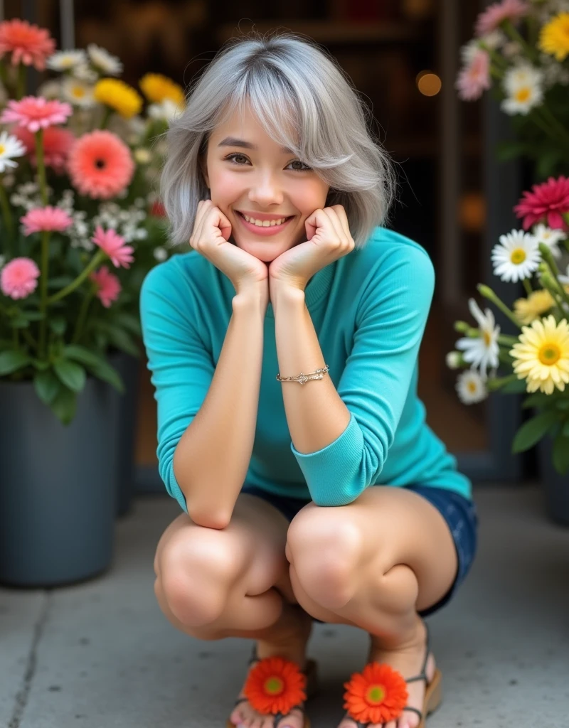 (RAW photo, best quality, masterpiece: 1.2), (photorealistic: 1.4), best lighting, 20 years old, (light gray hair, short bob cut, hair in 7 thirds, hair over one ear, Symmetrical eyes, fair skin, solo, Detailed Skin, Detailed Background:1.2),　Smiling, squatting in front of a flower shop filled with flowers, outdoors, hands on chin, turquoise blue tight shirt, navy blue shorts, sandals with large gerbera flowers, gel nails, jewelry