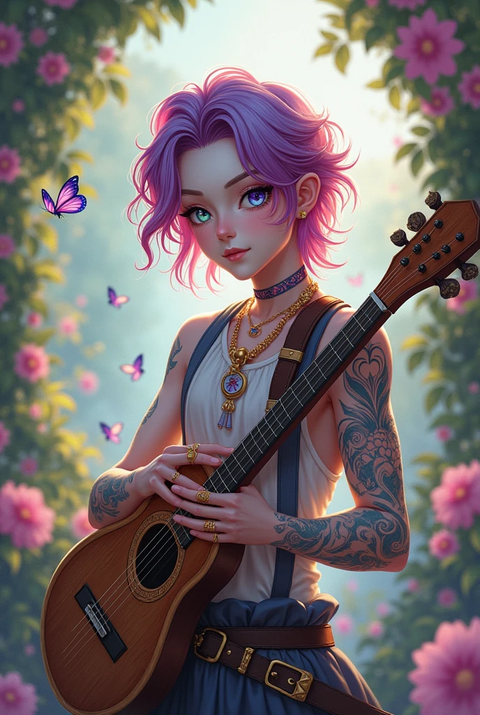 A femboy boy, her hair is pink, purple and blue, Your eyes are different colors, one is purple and the other green, his skin is white and delicate and is covered in a shiny golden powder that is like makeup, he also has magical runes tattooed on his body, he is of noble origin and his father is a genius, he loves to adventure, Of butterflies and flowers, he is a bard and always carries his beautiful lute and his beautiful sword, he likes to wear delicate rings, a choker and a heart necklace, your nails are also delicate and painted.