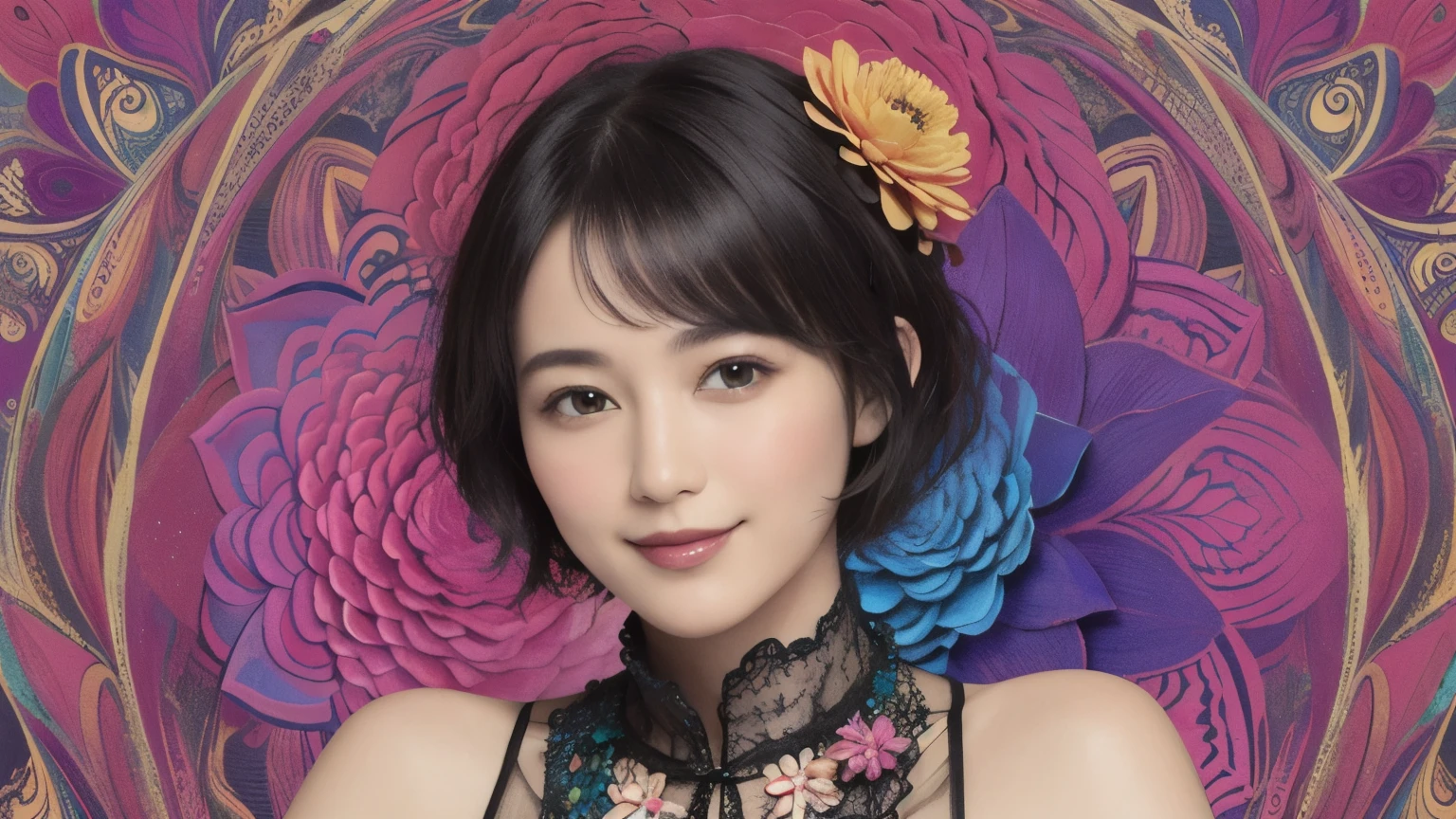 272 (20-year-old woman,short hair), (masterpiece, Highest quality, beautiful:1.2), Very detailed, (Fractal Art:1.1), (colorful:1.1), (flower:1.3), whole body, (Abstract background:1.3), (Many colors:1.4), (Old-fashioned smile), (Hawaii)