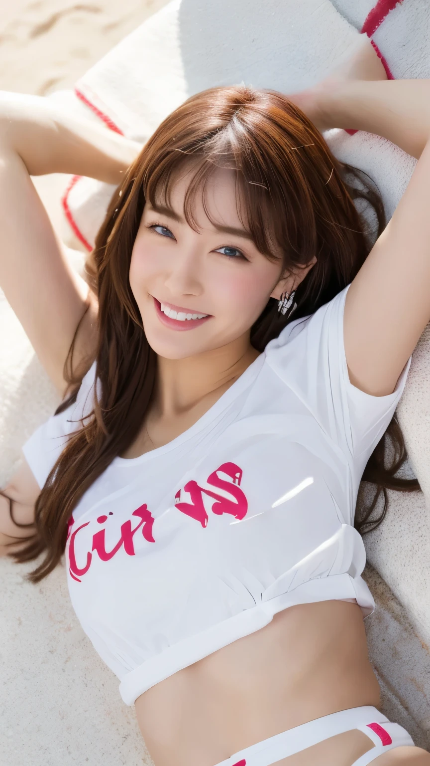 （Vibrant， High resolution：1.3）， 1. Having a perfect body， Highly detailed face and eyes，Long Hair， big ，(White short T-shirt、thong,,,Brown Skin、Have sunburn marks、 Sexy Poses),Grin, Overhead shot lying on your back