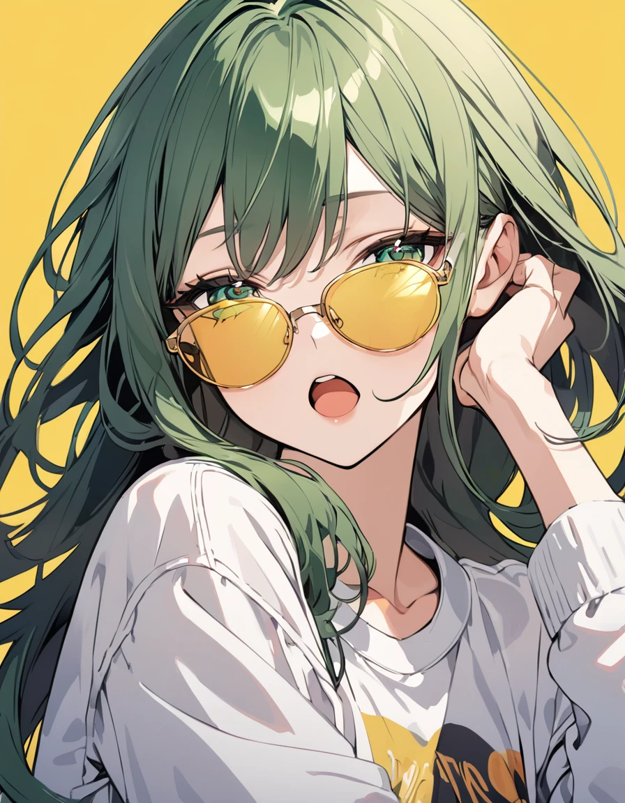 (masterpiece)、(absurdres)、(ultra detailed)、(8k),Anime illustration,BREAK,(yellow simple background:1.5),BREAK,(touched metallic sunglasses),potrait shot,Expressionless:0.9、front,(solo lady),(shiny dark green hair),(dark green eyes),(straight long hair),BREAK,small breast:0.9,BREAK,casual jacket,Tshirt,open mouth:0.5,half-closed eyes,