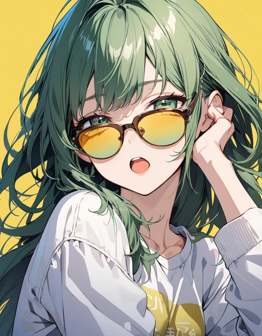 (masterpiece)、(absurdres)、(ultra detailed)、(8k),Anime illustration,BREAK,(yellow simple background:1.5),BREAK,(touched metallic sunglasses),potrait shot,Expressionless:0.9、front,(solo lady),(shiny dark green hair),(dark green eyes),(straight long hair),BREAK,small breast:0.9,BREAK,casual jacket,Tshirt,open mouth:0.5,half-closed eyes,