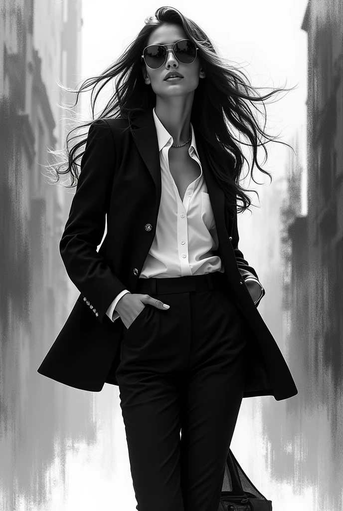 In monochrome、Long hair、Fashionable overseas women&#39;s poster