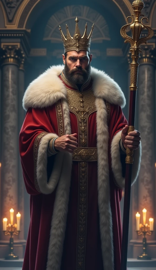 Imposing, strong and handsome emperor with European features wearing a crown and holding a scepter