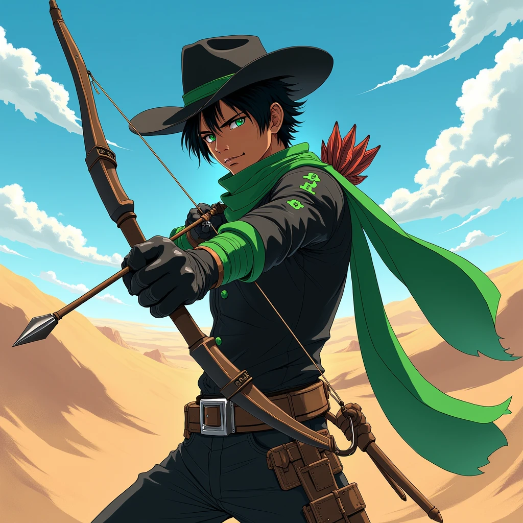 An anime character: a man with dark skin, black hair and green eyes, He is also sporting a short beard. 
He wears a black cowboy outfit with green details, including a hat and a long, black scarf. 
Ao fundo, a desert of the old Wild West.
He is holding a bow and arrow in attack position.