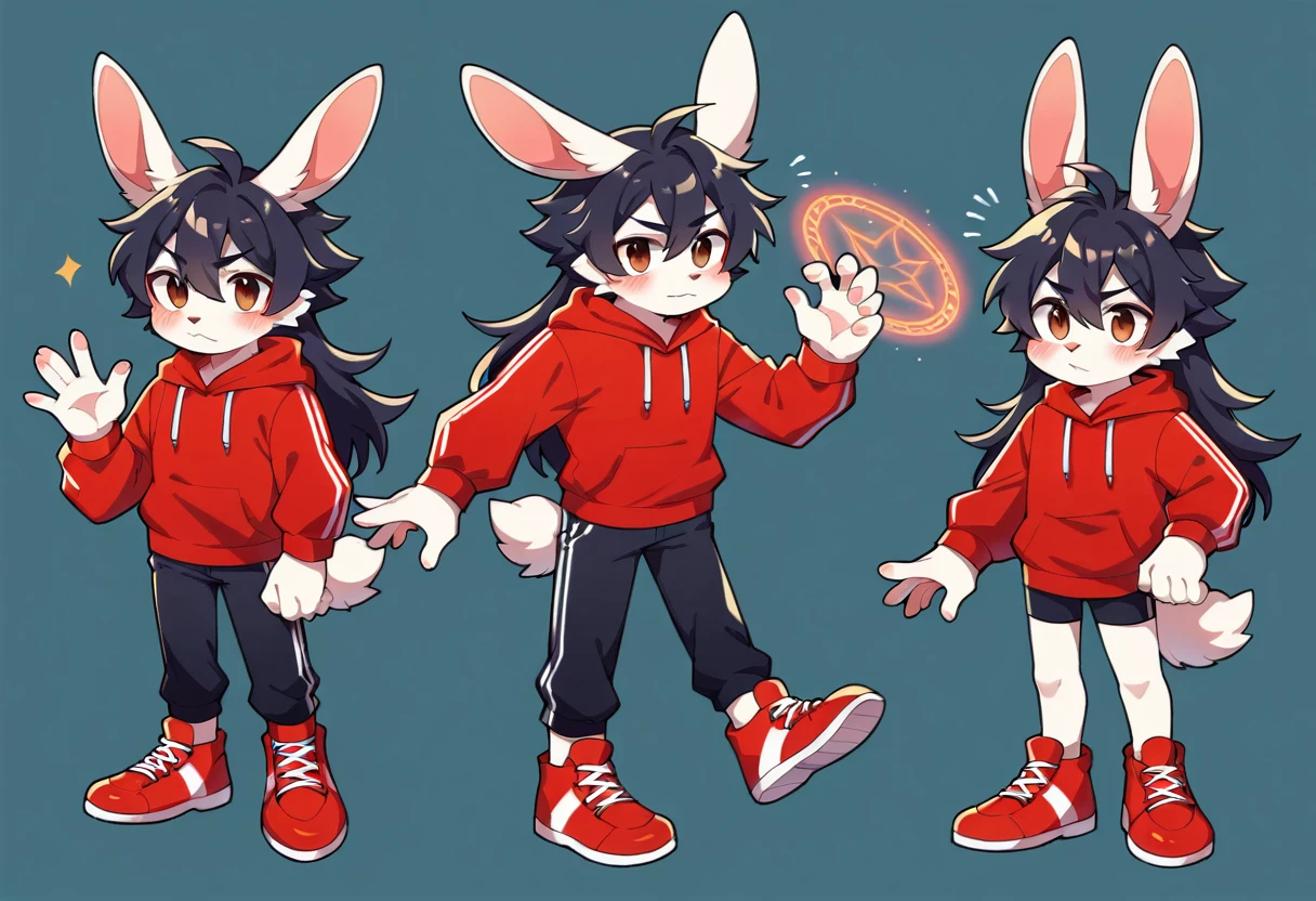 masterpiece, best quality, expressive eyes, perfect face, a man get transformed into a furry bunny, furry bunny, white fur, bunny tail, bunny ears, solo, surpriced, blushed, black hair, long hair, red baseball cap, black shirt, red hoodie, black sports pants, red sport shoes, brown eyes, full body, in a magic forest, glitter, embarrassed pose, magic circle on the floor. chibi, reference sheet,