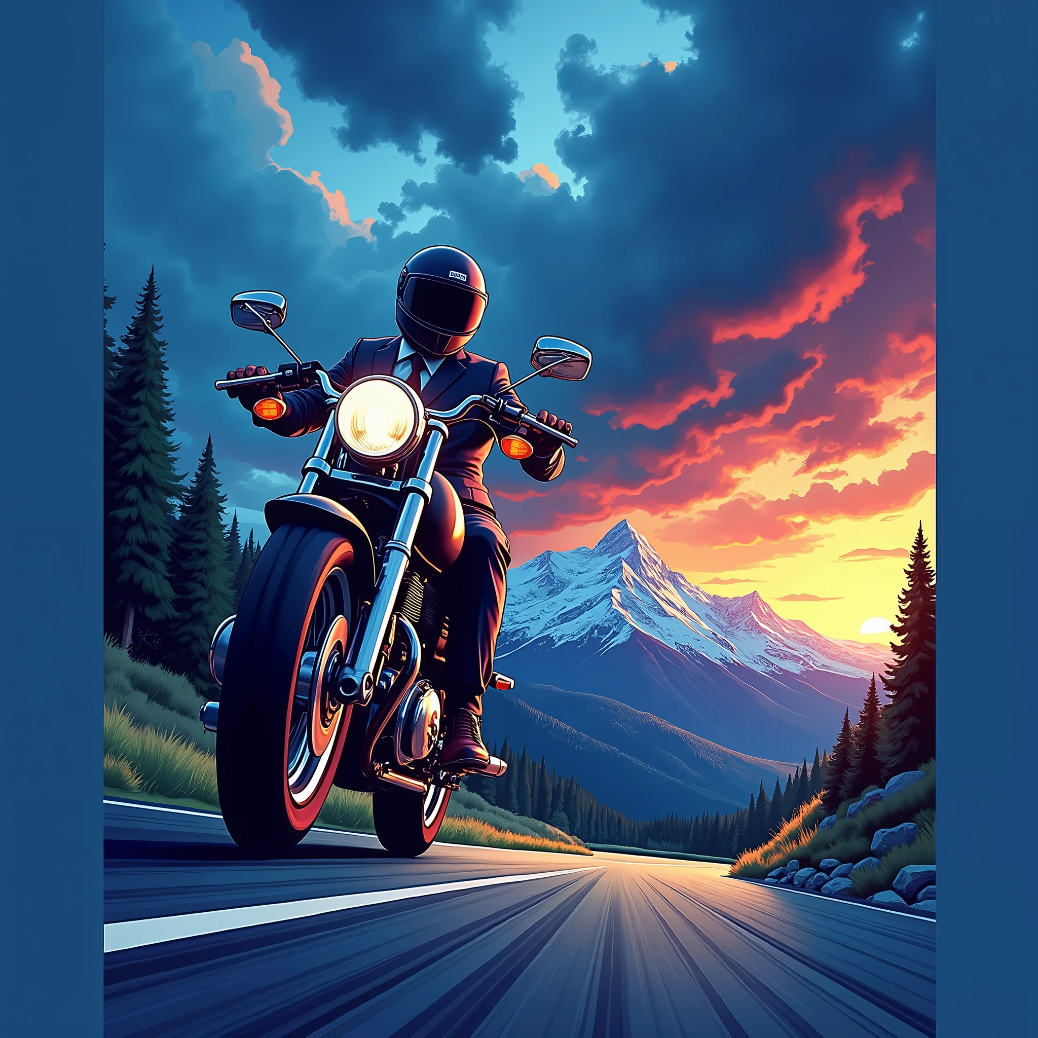 The image depicts a dynamic scene of a motorcyclist in motion, set against a vividly painted backdrop. The motorcyclist, dressed in a suit with a helmet, is positioned on the left side of the frame, leaning into a turn on the motorcycle. The motorcycle itself is detailed with chrome accents and a visible headlight, suggesting movement and speed. The background features a dramatic sky transitioning from deep blues to warm oranges, indicative of either dawn or dusk. This sky casts a soft glow on the mountains in the distance, which are rendered with varying shades of blue and white, adding depth and texture to the scene. The overall impression is one of a vibrant, stylized portrayal of a motorcycle journey through a mountainous landscape.