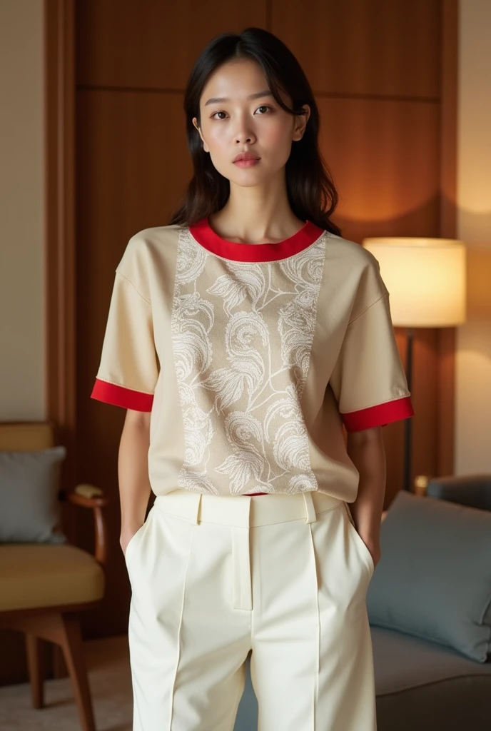 female model. modern style. wearing a light beige short-sleeved round-neck T-shirt with white Thai - Vietnamese ethnic brocade patterns. red, white, beige body. 2cm red collar. plain beige sleeves with 2cm red cuffs. plain cream A-line pants, side pockets. setting in a luxurious wooden interior room. cream walls. table, chair, lamp
