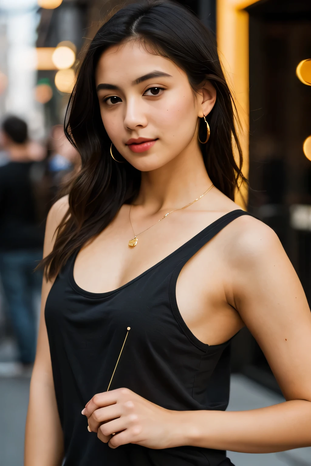 best quality, masterpiece, beautiful and aesthetic, 16K, ( HDR: 1.4 ) , high contrast, bokeh: 1.2 , lens flare, ( vibrant color: 1.4 ) , ( muted colors, dim colors, maticsthing, s, matics, dim colors, matics, 0ine , matics , dim s, matics, dine )ambient個the shoulder blades, small chest, in a black t-shirt, brown eyes.,