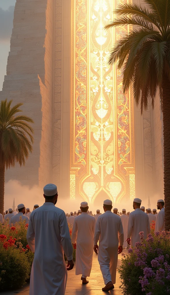 The beautiful wall of Jannat in the background Jannat and looking at that wall, many Muslim people wearing caps look at that wall in shock.