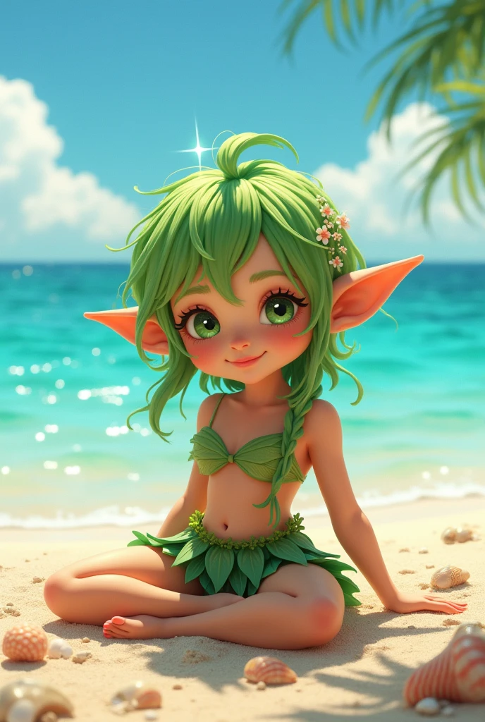 Little elf girl spread legs in the beach a realistic photo