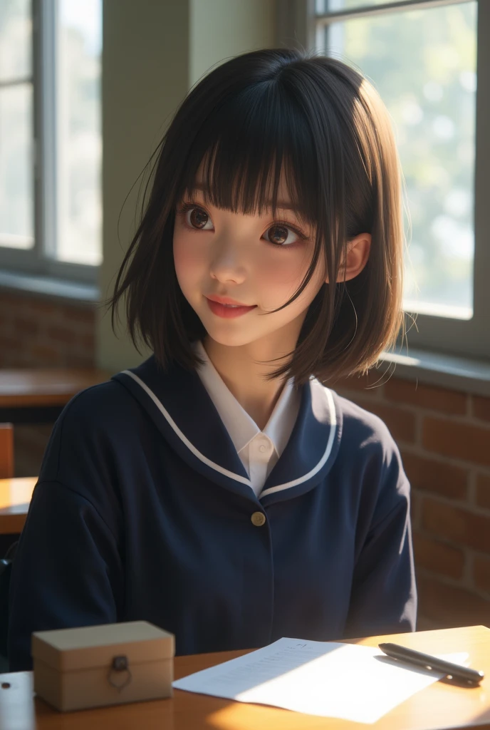 Highest quality, Face Focus, Soft Light, Ultra-high resolution, (Realistic:1.4), RAW Photos, 1 Japan, alone, cute, (A shy smile:0.5), (Brown eyes, Light in your eyes), Beautiful face in every detail, (Small box),(High resolution detail of human skin texture), (Short Bob Hair), break, In the classroom,Navy uniform, Best, skirt