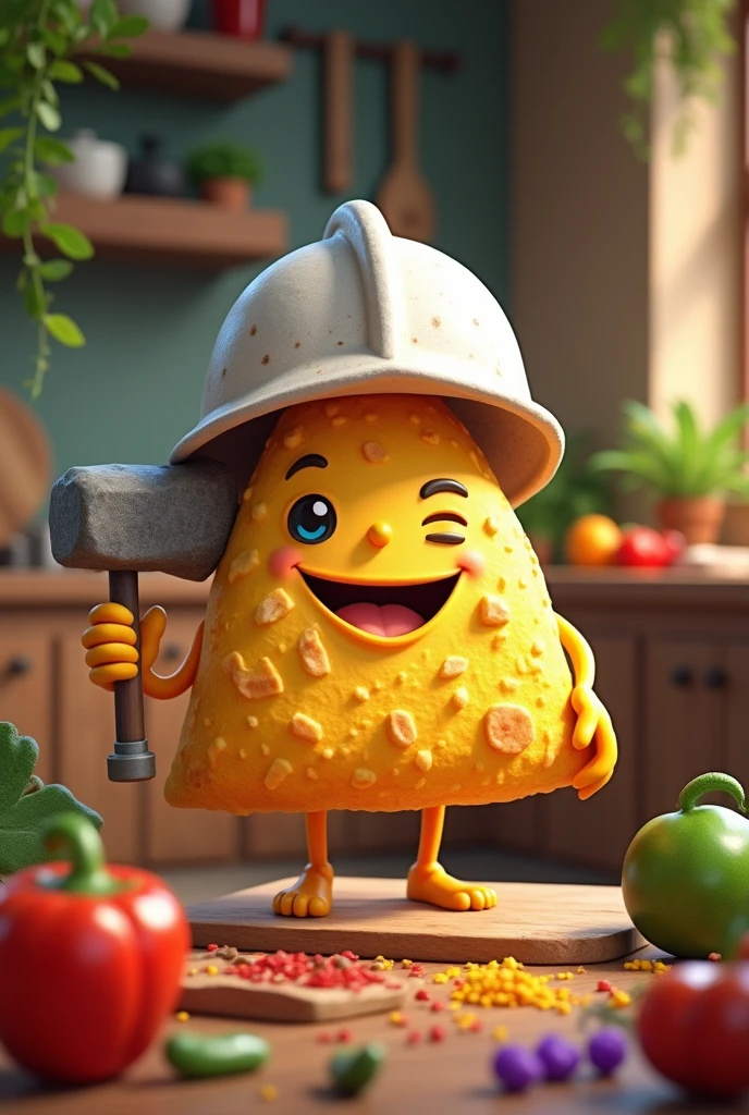 A triangular tortilla with a white helmet and a stone pickaxe in his left hand 
