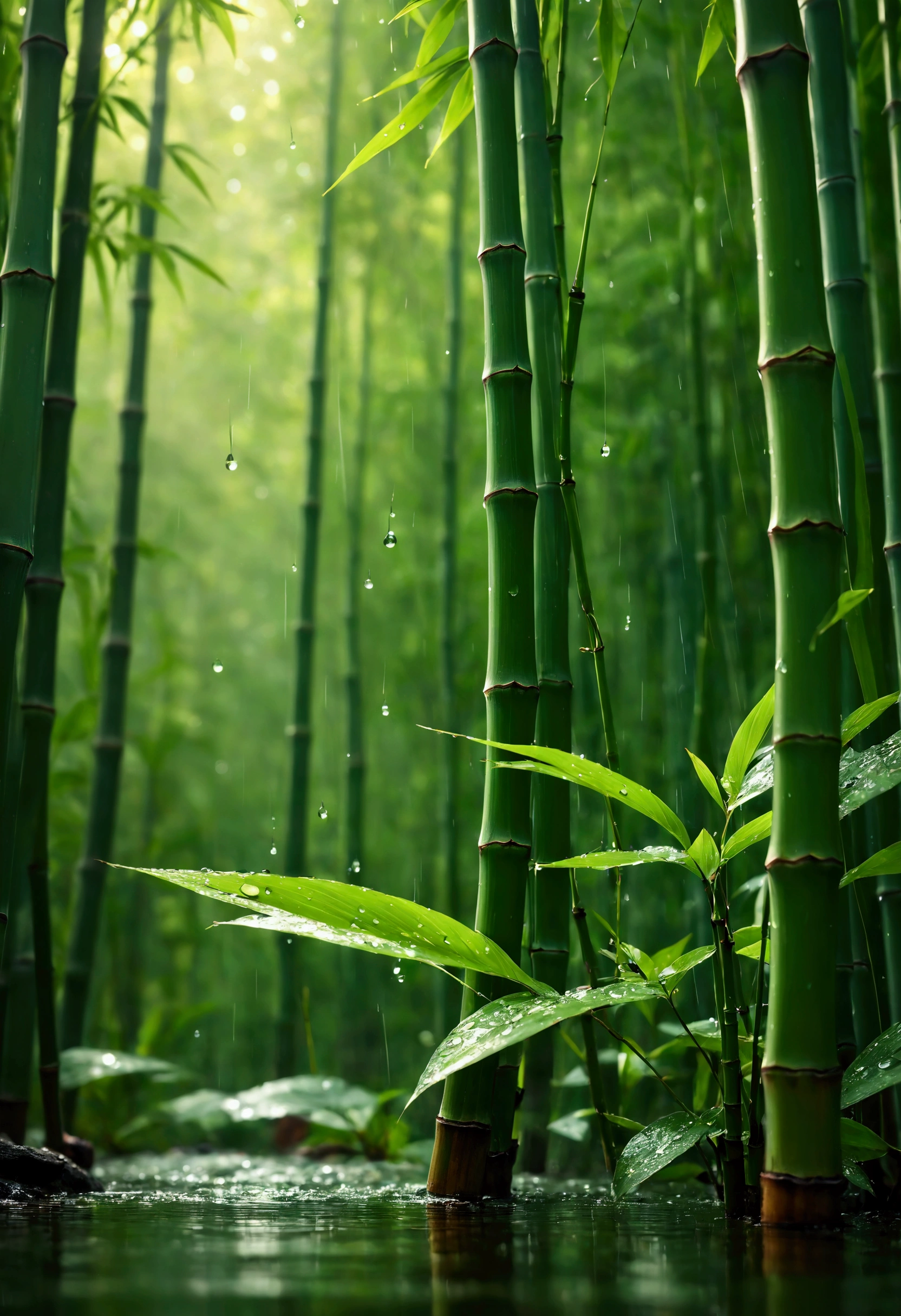 Create a visually stunning, ultra-realistic masterpiece in up to 16K resolution, capturing the rare and magical moment of a sunny rain in a tranquil bamboo forest, where water droplets abound. This soft color photograph focuses on the tall, slender bamboo stalks, which are now covered in countless droplets of rain that glisten as sunlight filters through the leaves. The image is ultra-detailed, with movie-like still imagery and dynamic angles that immerse viewers in this serene and fleeting scene. Imagine the macro lens capturing each droplet with incredible precision, with some droplets splashing delicately off the bamboo leaves, creating tiny, shimmering sprays of water. The sunlight adds a sparkling effect to these splashes, enhancing the surreal, ethereal atmosphere of the scene. The combination of rain, light mist, and abundant water droplets gives the forest a fresh, vibrant appearance, while a subtle motion blur hints at the gentle movement of the bamboo and the cascading droplets. This award-winning digital art piece is crafted with a focus on realism, featuring meticulously detailed textures and natural elements, all rendered in ultra-high definition with UHD and retina quality. The composition is perfectly designed, capturing the rare beauty of this sunny rain moment with a harmonious layout and flawless detail. The image maintains a natural, realistic feel, avoiding extreme angles or exaggerated expressions, and is enhanced with a subtle film grain and anti-glare effect for added depth. Every detail is captured with precision, making this artwork an epic, breathtaking portrayal of a bamboo forest bathed in sunlight and rain, where water droplets and splashes create a mesmerizing display of nature's beauty.