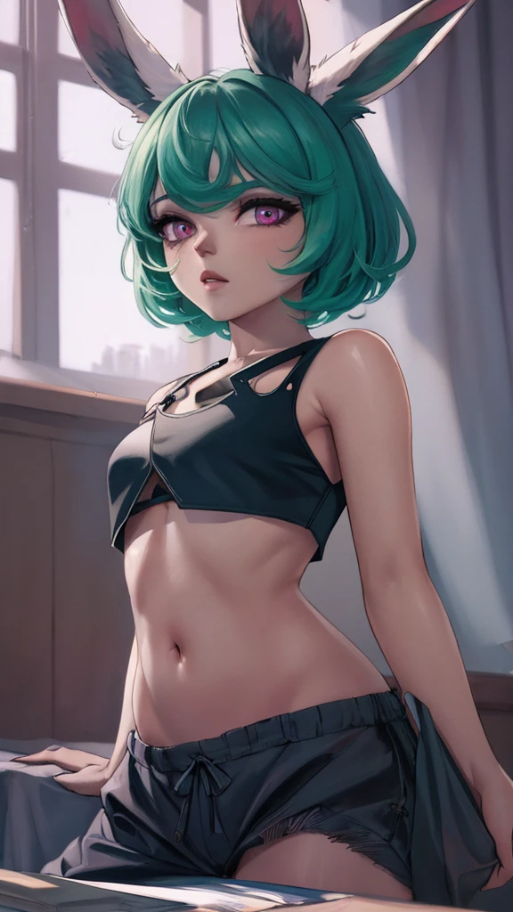 masterpiece,(best quality,top quality,8k),illustration,painting,detailed eyes and face,(1girl),vex,(green hair,short hair),(cropped top1:2),purple eyes,(rabbit ears), pretty girl, beauty skin, ultra high res, raw photo, ultra detailed , detailed eyes and face , (looking at viewer ),(puffy eyes) ,good contrast , high sharpness,(gorgeous),realistic,RAW Photography,(hyperdetailed:1.2)
