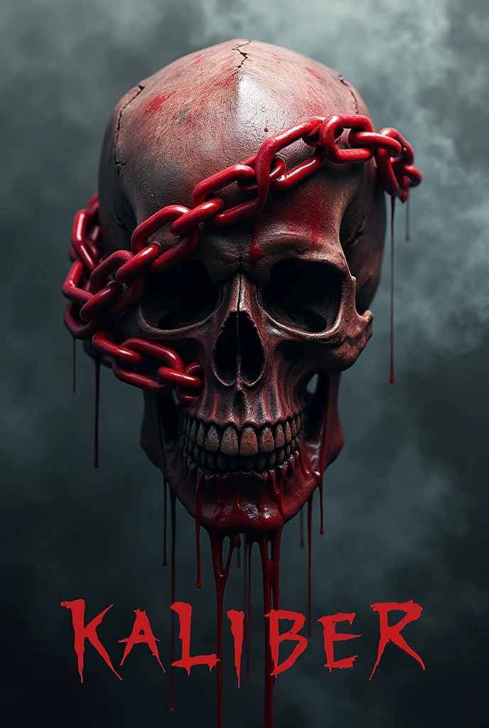 Blood chain going around a head and the word kaliber below it with a black font color and smoke in the background