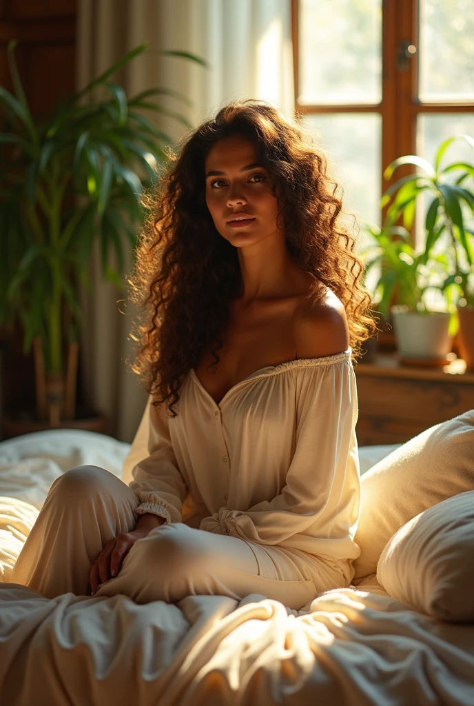 (photorealism:1.2), beautiful woman, sitting on bed, wearing loose off-shoulder top, pajama pants, long curly hair, indoors, soft lighting, plants in background, window with sunlight, cozy room, relaxed pose, realistic, intricate details, warm colors, by Greg Rutkowski, by Alphonse Mucha