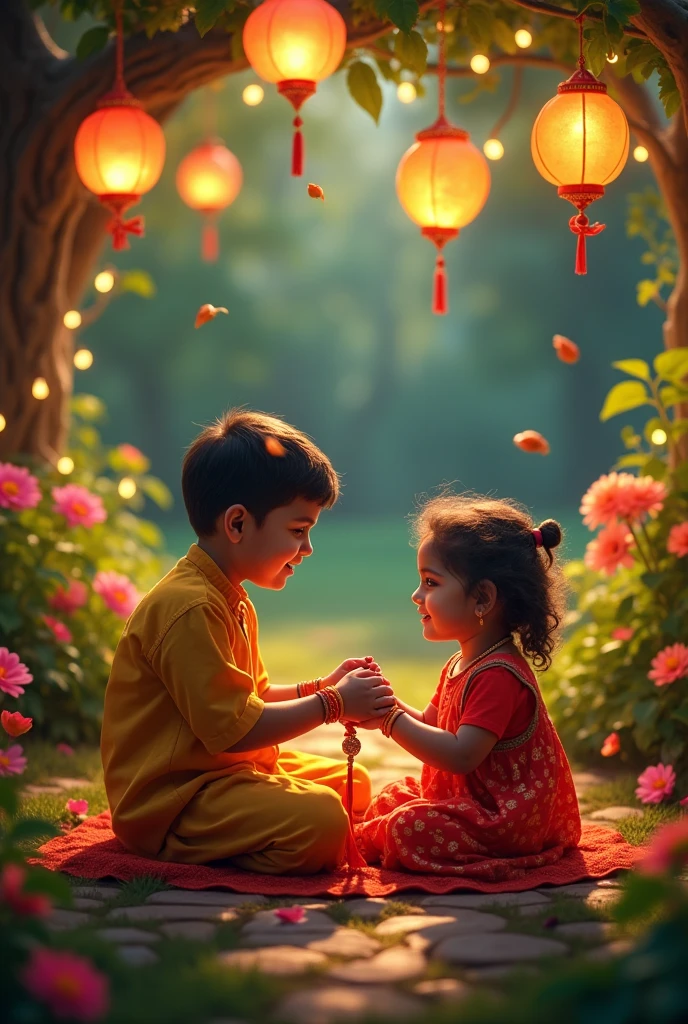 A magical garden adorned with twinkling fairy lights and colorful lanterns sets the scene for a heartwarming moment between an Indian brother and sister. As the little sister lovingly ties a Rakhi on her brother's wrist, the warm glow of the lights adds to the enchanting atmosphere.