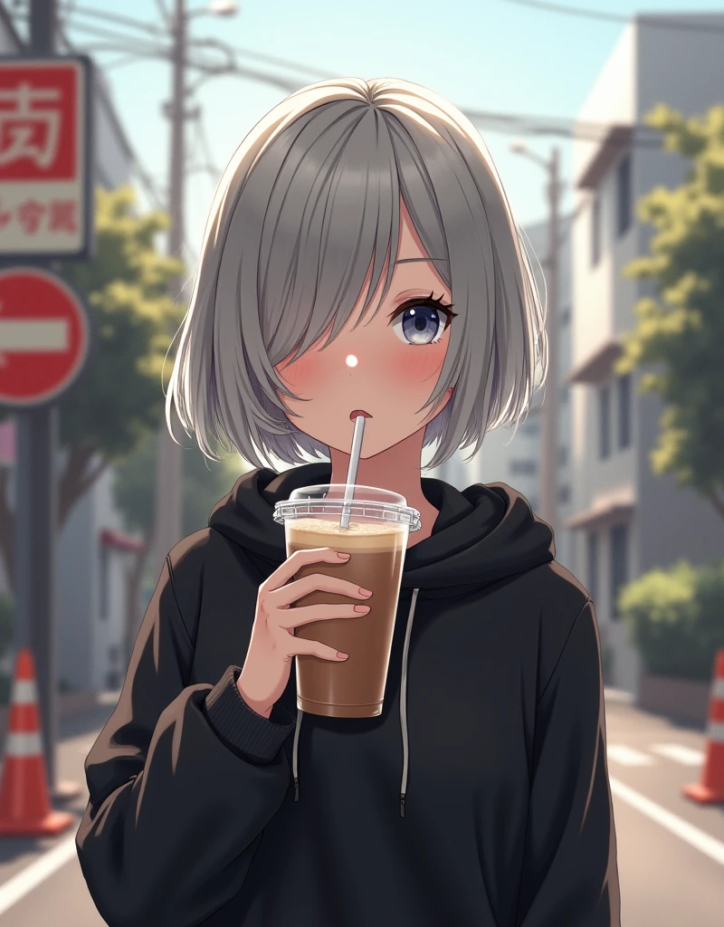(RAW photo, best quality, masterpiece: 1.2), (photorealistic: 1.4), best lighting, 20 years old, (light gray hair, short bob cut, hair in 7 thirds, hair over one ear, Symmetrical eyes, fair skin, solo, Detailed Skin, Detailed Background:1.2), a black short-length hoodie, drinking a cafe latte in a transparent cup with a straw,taken in a residential area in Japan, road signs, traffic cones, sun, street trees,