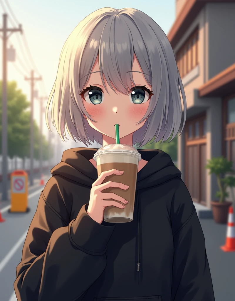 (RAW photo, best quality, masterpiece: 1.2), (photorealistic: 1.4), best lighting, 20 years old, (light gray hair, short bob cut, hair in 7 thirds, hair over one ear, Symmetrical eyes, fair skin, solo, Detailed Skin, Detailed Background:1.2),　a black short-length hoodie, drinking a cafe latte in a transparent cup with a straw,taken in a residential area in Japan, road signs, traffic cones, sun, street trees,