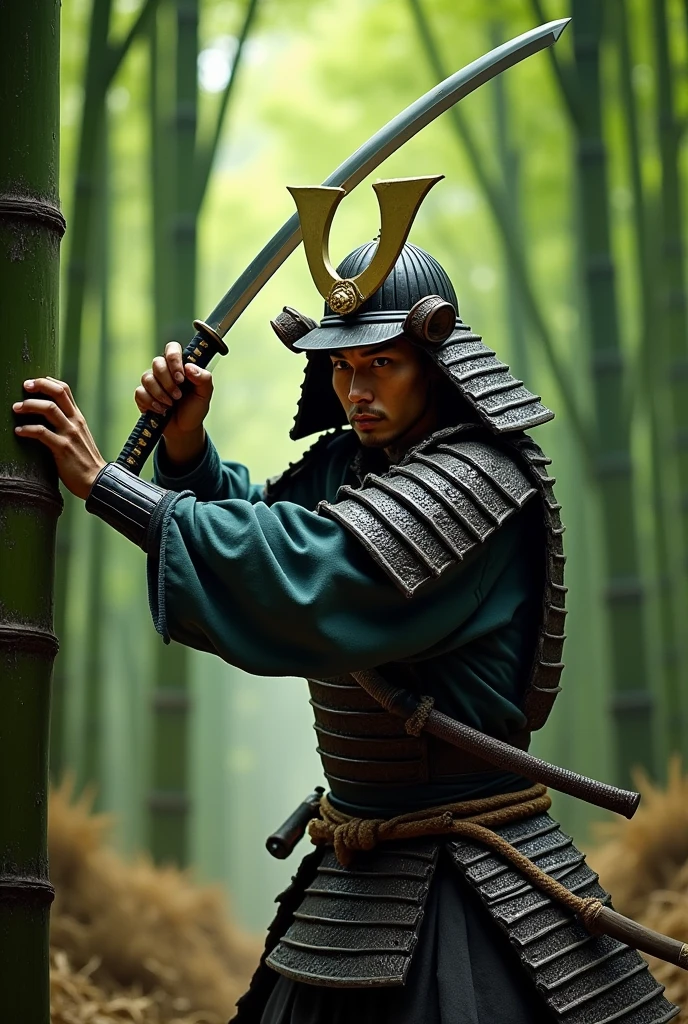 Samurai, cutting a bamboo tree with his sharp katana, Bamboo Forest, action scene, realistic skin and textures,  