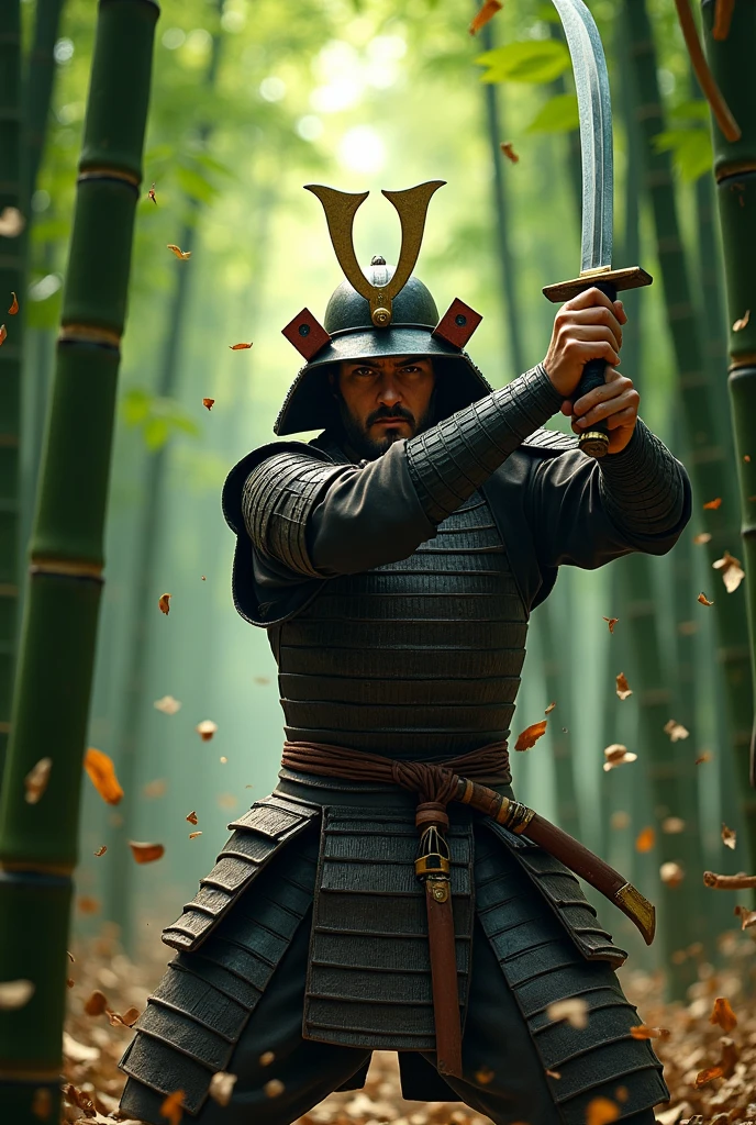 Samurai, cutting a bamboo tree with his sharp katana, Bamboo Forest, action scene, realistic skin and textures,
