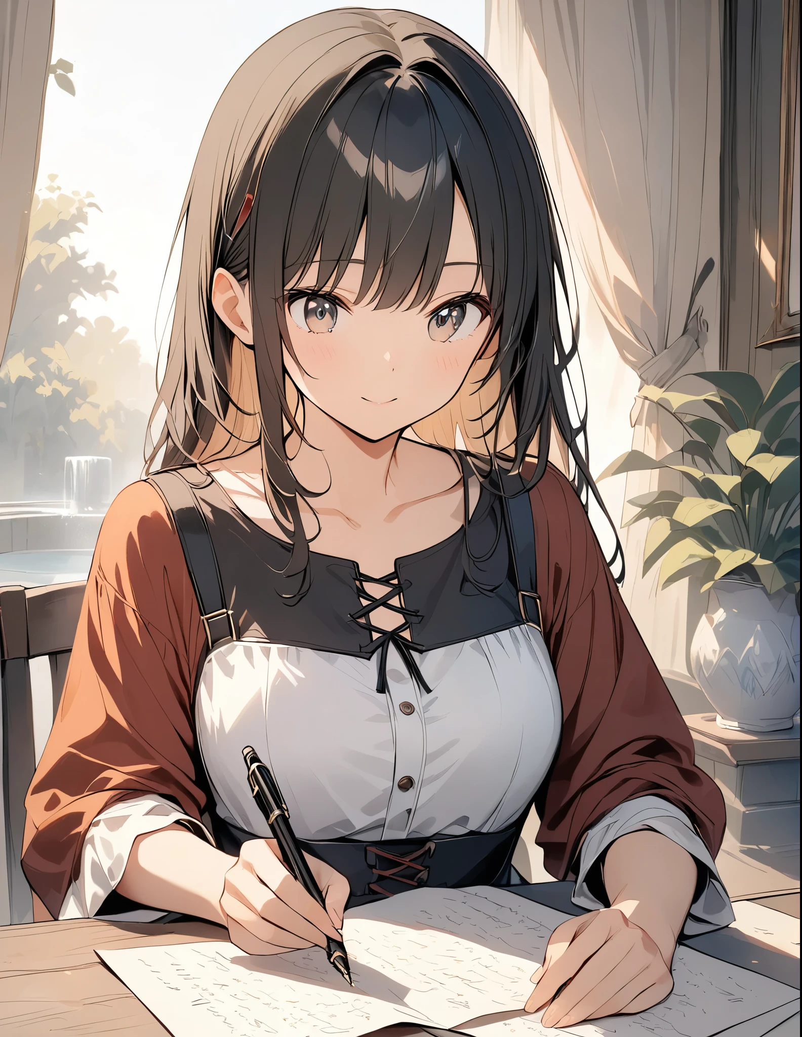 anime、animeスタイル、anime風、((Amazingly absurd)),超High resolution, Attention to detail, high quality, High resolution, 最high quality, 4K, 8k,Sepia、fountain pen、Woman Writing Letters、Medieval European casual wear、dress、A warm piece、A painting style with a blurred effect