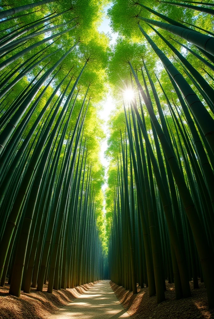 Bamboo Forest, cinematic shot from below, fish eye lens, Pan-focus, sunlight scattering