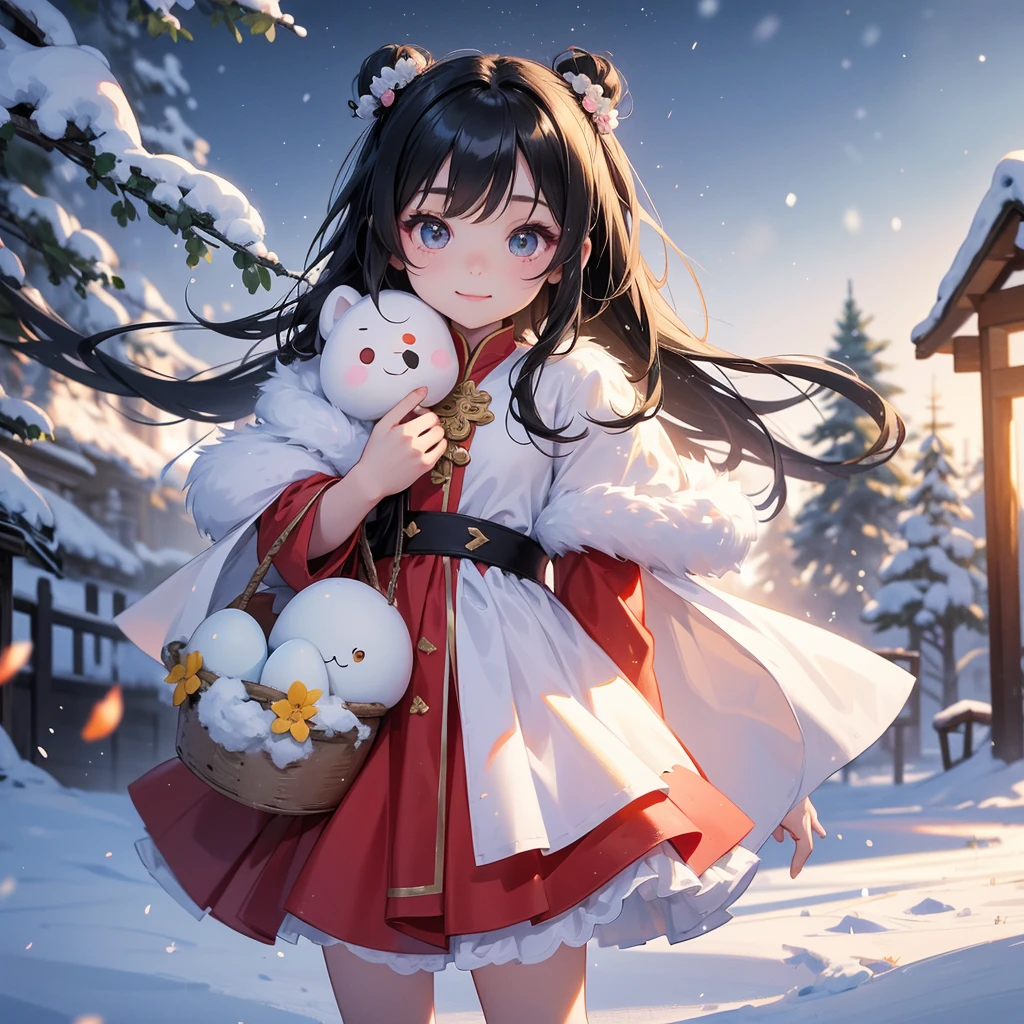 A chibi child girl had a small face and Wearing a little green Taoist priest's outfit. A pair of big round eyes shone with curiosity about him. This child was so cute! Amidst the pure white snow, the snow is falling lightly, watching the snow fall one by one, her hair is black with two buns on her hair.small chibi, chibi baby, smiling ,Chibi. Sunset.
The snow is falling, black hair with two buns.
Holding a large woven basket, full of eggs and cut meat