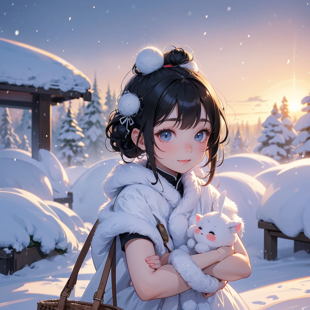 A chibi child girl had a small face and Wearing a little green Taoist priest's outfit. A pair of big round eyes shone with curiosity about him. This child was so cute! Amidst the pure white snow, the snow is falling lightly, watching the snow fall one by one, her hair is black with two buns on her hair.small chibi, chibi baby, smiling ,Chibi. Sunset.
The snow is falling, black hair with two buns.
Holding a large woven basket, full of eggs and cut meat