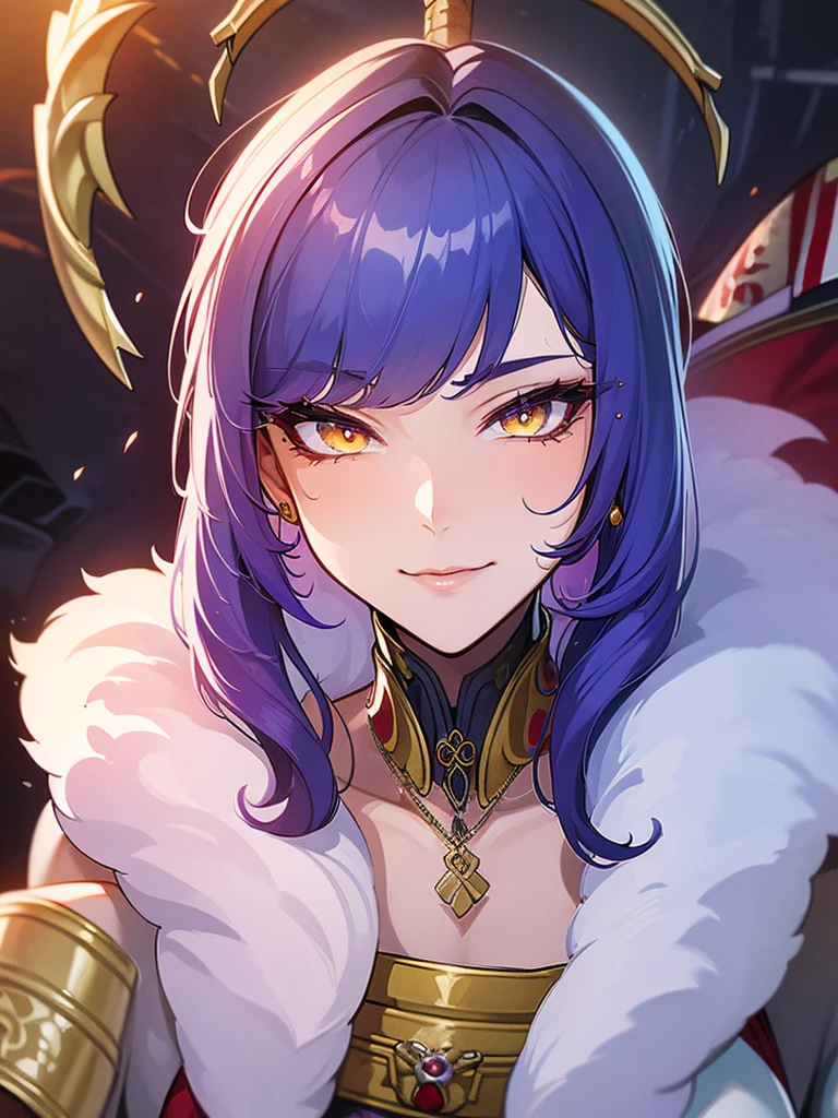 (Best quality details:1.22), 4K High definition, Ultra Detailed, high quality texture, intricate details, detailed texture,f inely detailed, high detail, high quality shadow, detailed beautiful delicate face, detailed beautiful delicate eyes, depth of field, human, adult, milf, mommy, solo, short himecut, traditional japanese clothes, bloodred samurai armor, yellow eyes, bluish purple  hair, smug