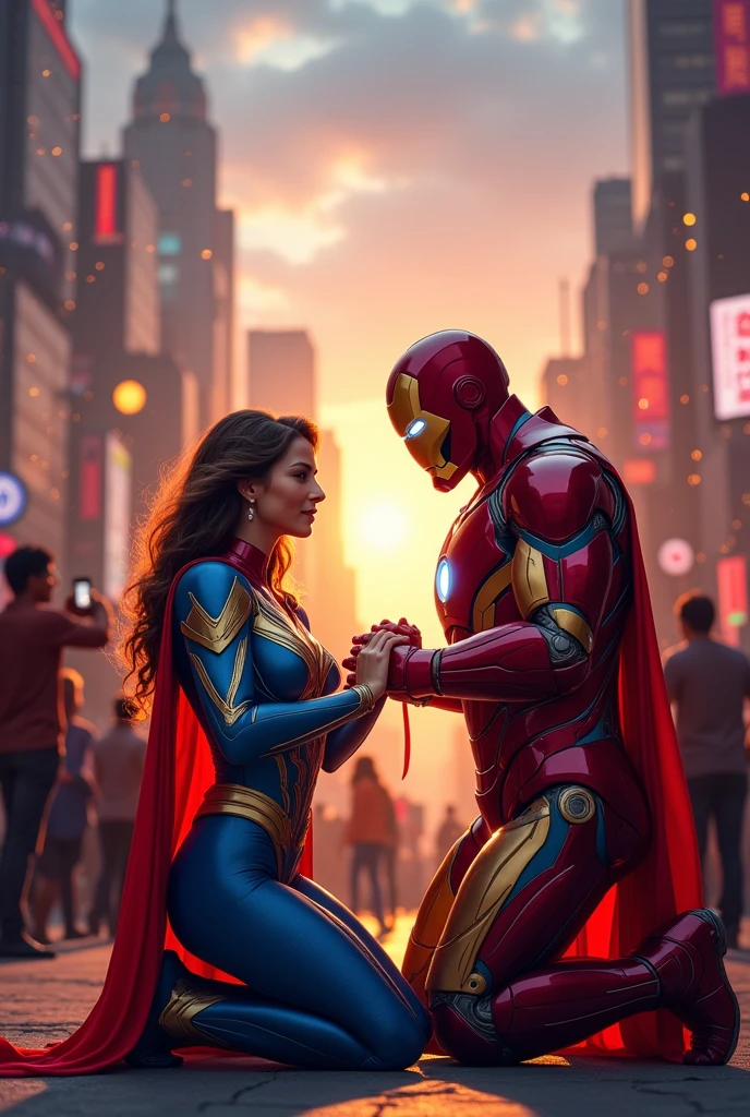 Superlady tying rakhi on ironman's hand