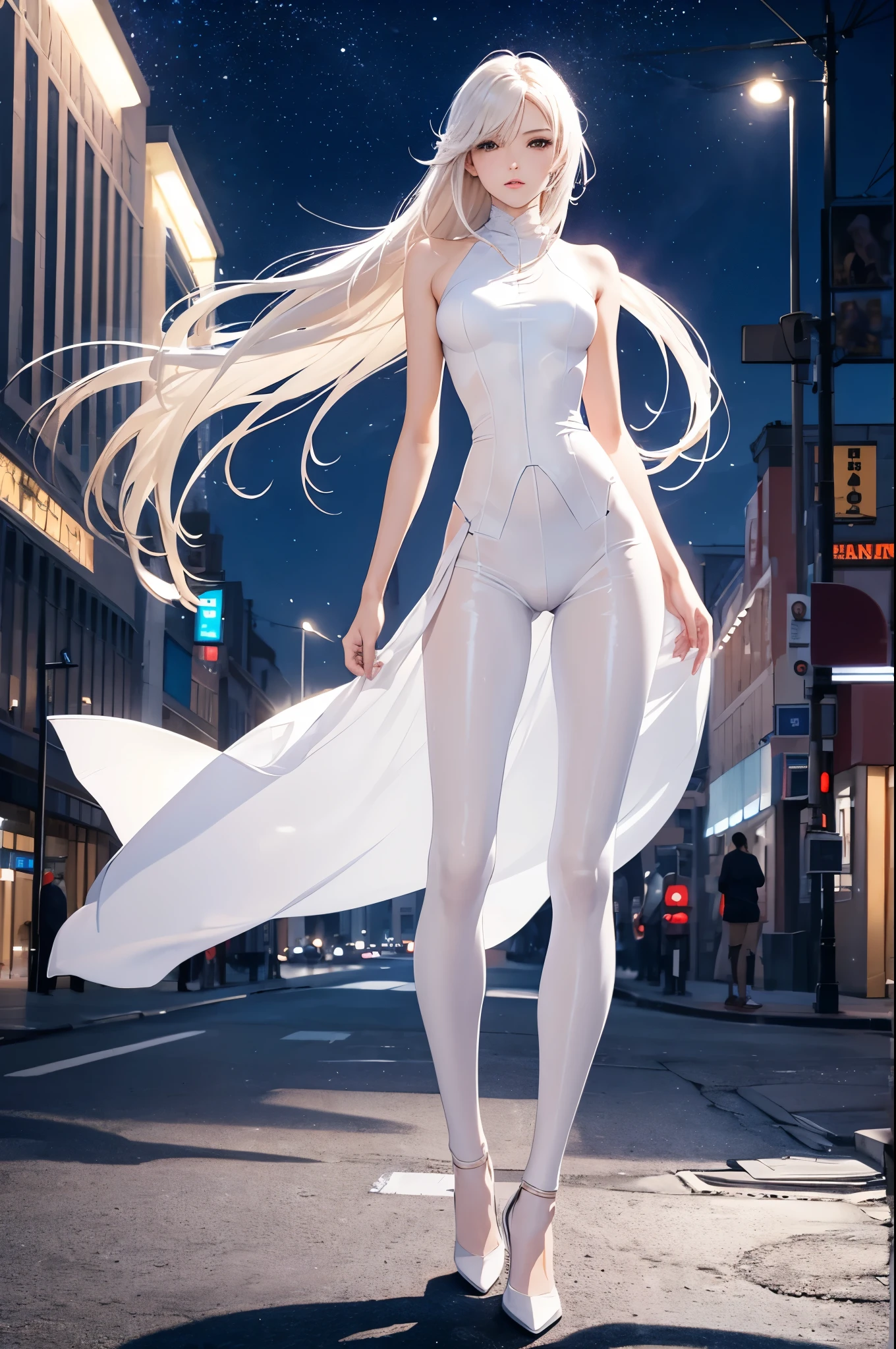 Masterpiece, a beautiful urban female model, full body white transparent clothes standing under empty night stars, disappearing transparent pants, full body standing, tall figure, slender legs, facial details, detailed body part details, 8k wallpaper