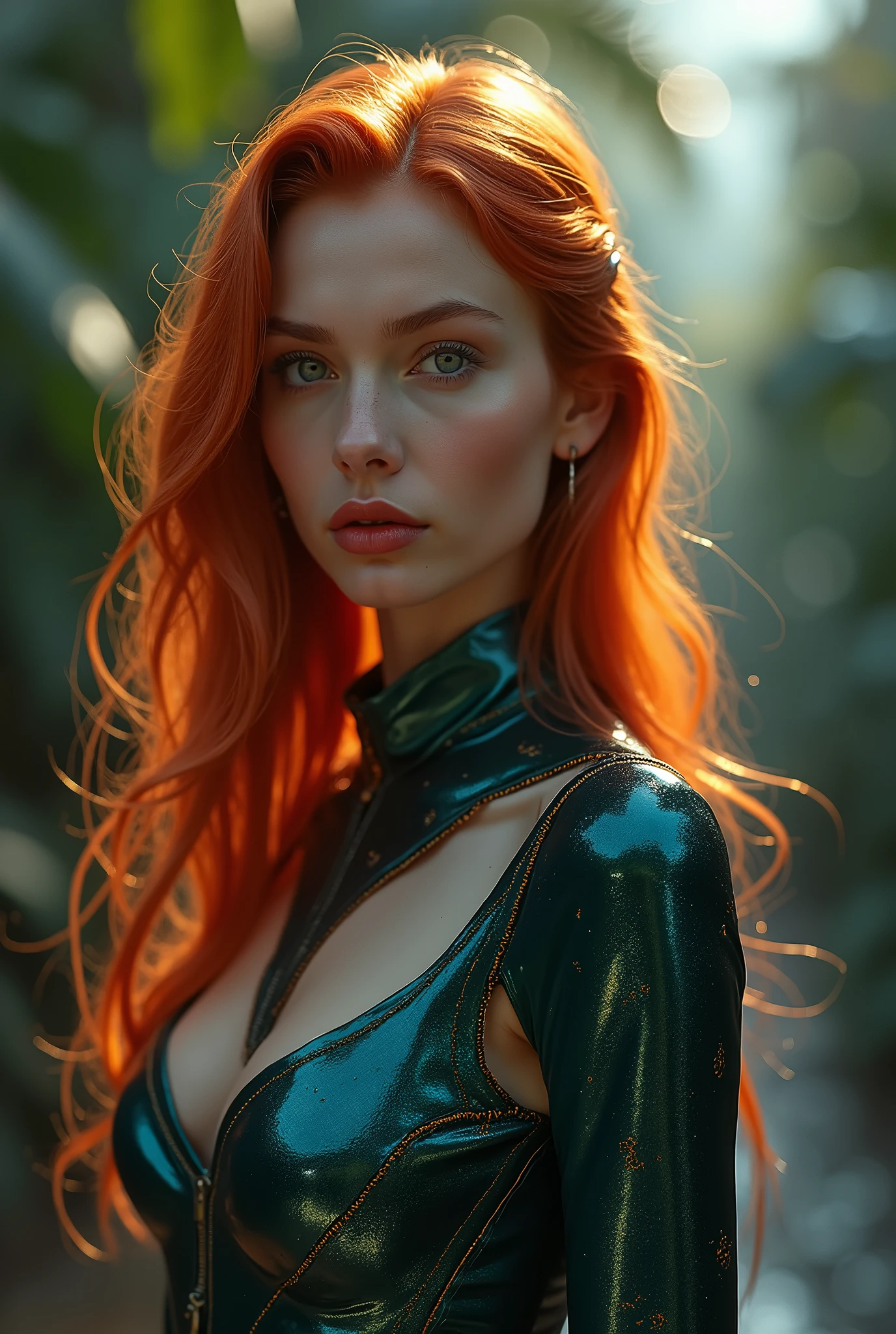 a woman with red hair, hyper-realistic skin, shiny/glossy, modern jewelry, gongbi, portraiture, dark teal and light gold, tropical landscapes, Face portrait photo oF a 21 Year-old German woman, .raw, beautiFul woman, half strawberry lips, strawberry lipstick, Fossettes, big breast, realistic legs, high heels, nostalgic look, detailed light brown eyes, great student, thin eyelashes, (Brown extra long blond hair), ((detailed Face)), ((detailed Facial Features and skin texture)), (Finely detailed skin), light brown skin, (Deep neckline detailing high-tech cyberpunk dress), Cyberpunk big city environment, (cold colors), moist, moist, reFlections, (masterpiece) (height ratio / perfect width) (photo realist) (best quality) (detailed) Shot with Canon EOS R5, ObjectiF 50mm, F/2.8, human development report, (8k) (wallpaper) (light) (Dramatic Light) (sharp focus) (complicated), sharp details, skin detail sharpness,
