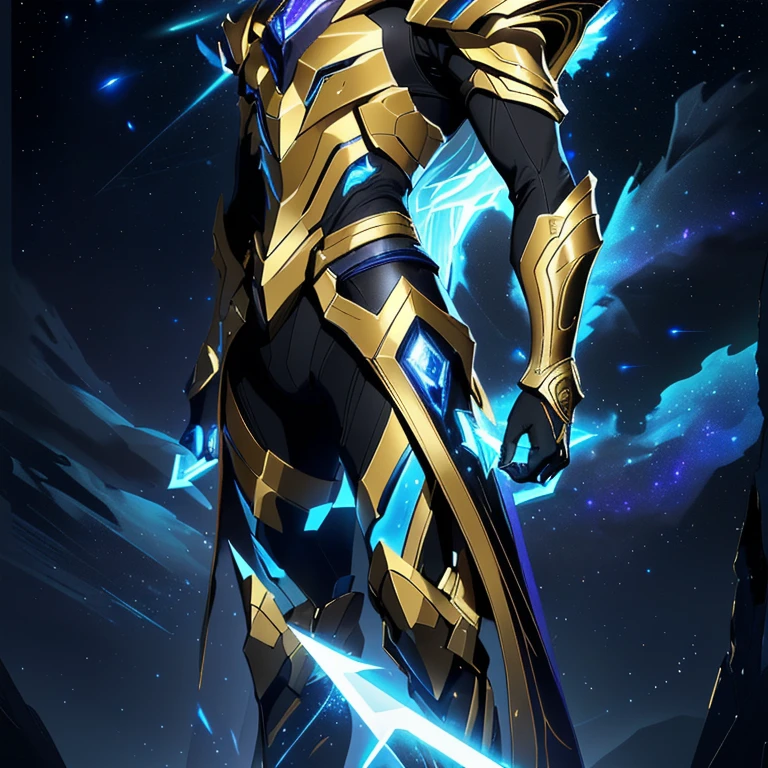 The image presents a highly detailed and futuristic armor designed for a male warrior. The armor combines elements from different parts to create a cohesive and powerful look.

Helmet: The helmet features a sleek, aerodynamic design with a golden metallic finish. It has a central crest that rises upwards, and the visor glows with a bright blue light, giving it a high-tech, futuristic appearance.

Pauldrons (Shoulder Pads): The shoulder pads are large and wing-like, curving outward and upward, with a polished golden finish. These pads extend slightly beyond the shoulders and include a sleek, angular design, providing both a majestic and powerful look.

Chest Plate: The chest plate is intricately segmented, with a combination of gold and dark metallic blue. It has a gem-like crystal in the center that emits a soft, mystical glow. The design of the chest plate is both protective and regal, with sharp, angular lines that add to the overall futuristic aesthetic.

Arm Guards: The arm guards are sleek and streamlined, with articulated golden and purple segments that offer flexibility and protection. The design of the gauntlets is both robust and elegant, incorporating futuristic elements that blend with the classic style.

Leg Armor: The legs are armored with segmented plates that are primarily gold and purple. The boots are angular and sturdy, with a design that conveys both strength and agility. The overall look of the leg armor is grounded yet sleek, completing the ensemble with a powerful stance.

The background of the image is a dark cosmic scene, filled with distant stars and nebulae that highlight the polished surfaces of the armor. Dynamic lighting is used to emphasize the key features, particularly the glowing visor and central chest gem, reinforcing the mystical and imposing nature of the warrior.