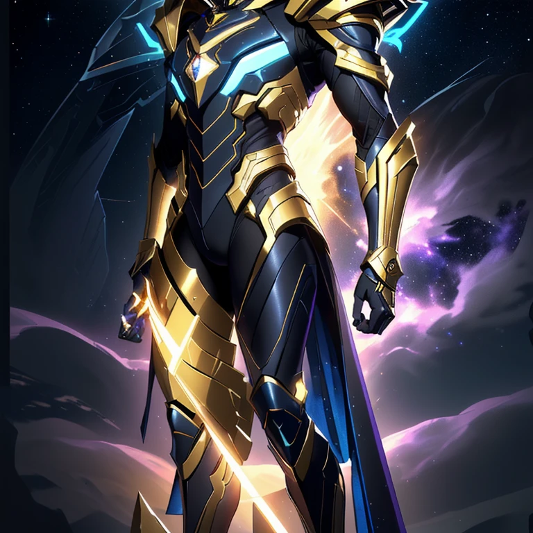 The image presents a highly detailed and futuristic armor designed for a male warrior. The armor combines elements from different parts to create a cohesive and powerful look.
Helmet: The helmet features a sleek, aerodynamic design with a golden metallic finish. It has a central crest that rises upwards, and the visor glows with a bright blue light, giving it a high-tech, futuristic appearance.
Pauldrons (Shoulder Pads): The shoulder pads are large and wing-like, curving outward and upward, with a polished golden finish. These pads extend slightly beyond the shoulders and include a sleek, angular design, providing both a majestic and powerful look.
Chest Plate: The chest plate is intricately segmented, with a combination of gold and dark metallic blue. It has a gem-like crystal in the center that emits a soft, mystical glow. The design of the chest plate is both protective and regal, with sharp, angular lines that add to the overall futuristic aesthetic.
Arm Guards: The arm guards are sleek and streamlined, with articulated golden and purple segments that offer flexibility and protection. The design of the gauntlets is both robust and elegant, incorporating futuristic elements that blend with the classic style.
Leg Armor: The legs are armored with segmented plates that are primarily gold and purple. The boots are angular and sturdy, with a design that conveys both strength and agility. The overall look of the leg armor is grounded yet sleek, completing the ensemble with a powerful stance.
The background of the image is a dark cosmic scene, filled with distant stars and nebulae that highlight the polished surfaces of the armor. Dynamic lighting is used to emphasize the key features, particularly the glowing visor and central chest gem, reinforcing the mystical and imposing nature of the warrior.