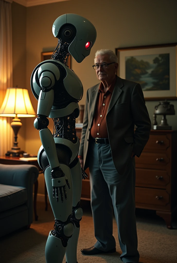A robot, who was previously helping an old man, stops his movement and his eyes begin to glow red.