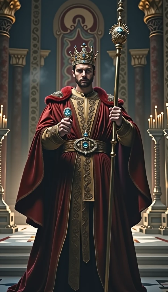 Imposing, strong and handsome emperor with European features wearing a crown and holding a scepter