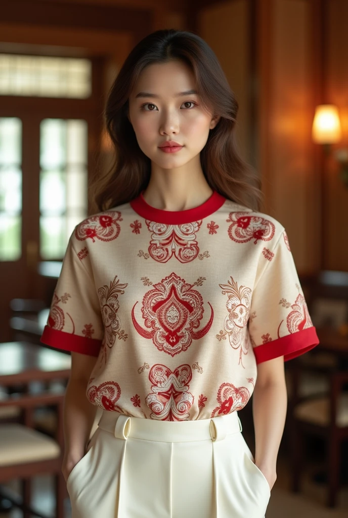 Female model. Modern style. Wearing a light beige short-sleeved round-neck T-shirt with Thai-Vietnamese ethnic brocade patterns in red, white, and beige. Red 2cm collar. Plain beige sleeves with 2cm red hem. Plain cream A-line pants, side pockets. Set in a luxurious wooden interior room. Cream walls. Table, chairs, lamps