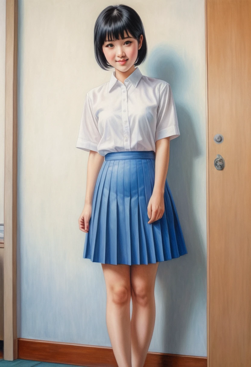 detailed colored pencil drawing, very beautiful Japanese girl, straight short black hair, white shirt, blue pleated skirt, little chubby, standing tall, facing straight ahead, look at viewer, gentle smile, in room