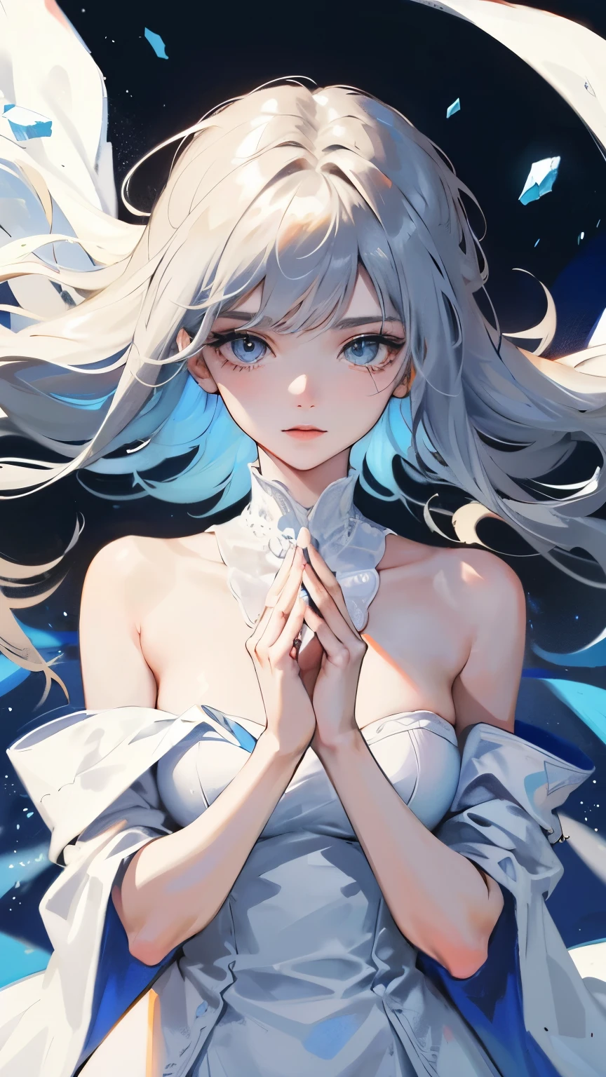Girl with long hair with white shawl,Clear blue eyes,White slip off-the-shoulder dress,Poker face,He spread out his hands.,Floating feeling,Blue data bar background
