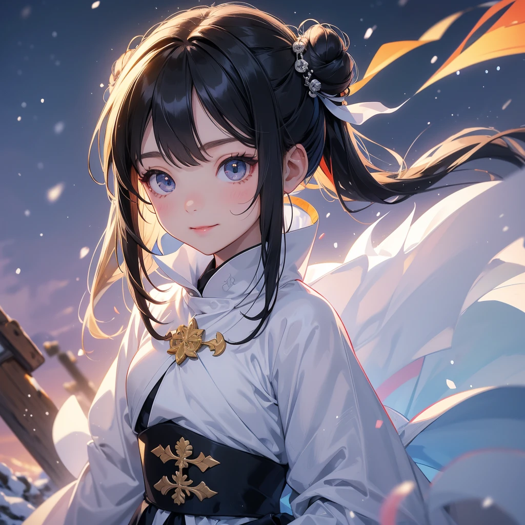 A chibi  girl had a small face and Wearing a little green Taoist priest's outfit. A pair of big round eyes shone with curiosity about him. This childso cute! Amidst the pure white snow, the snow is falling lightly, watching the snow fall one by one, her hair is black with two buns on her hair.small chibi, chibi baby, smiling ,Chibi. Sunset.

The snow is falling, black hair with two buns. 

Riding a white horse.
