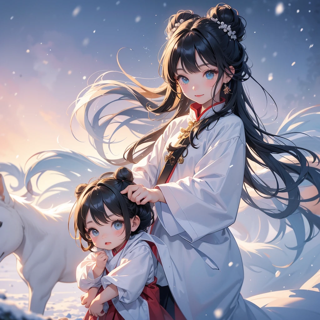 A chibi child girl had a small face and Wearing a little green Taoist priest's outfit. A pair of big round eyes shone with curiosity about him. This child was so cute! Amidst the pure white snow, the snow is falling lightly, watching the snow fall one by one, her hair is black with two buns on her hair.small chibi, chibi baby, smiling ,Chibi. Sunset.
The snow is falling, black hair with two buns.
Riding a white horse.